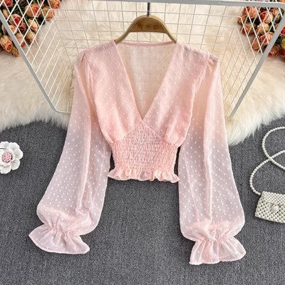 V-neck Cross Slim Fit Polka Dot Chiffon Waist-slimming Shirt