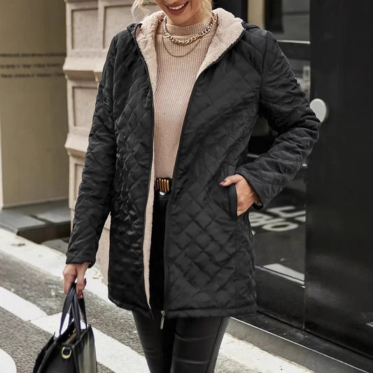 Mid-length Black Plaid Hooded  Jacket