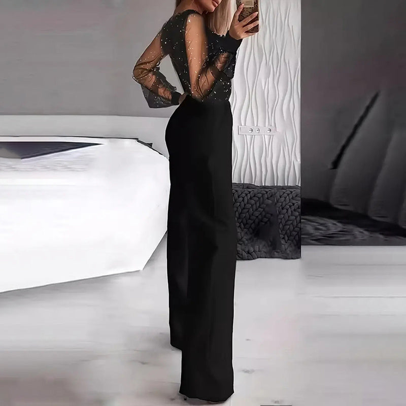 Women's Sexy Solid Color Deep V-Neck Tulle & Sequin Straight Leg Jumpsuit