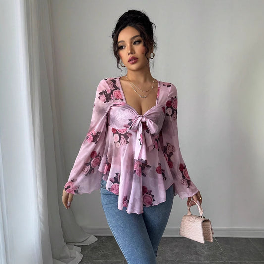 French Sense Flower Blooming Lace-up Long Sleeve Shirt