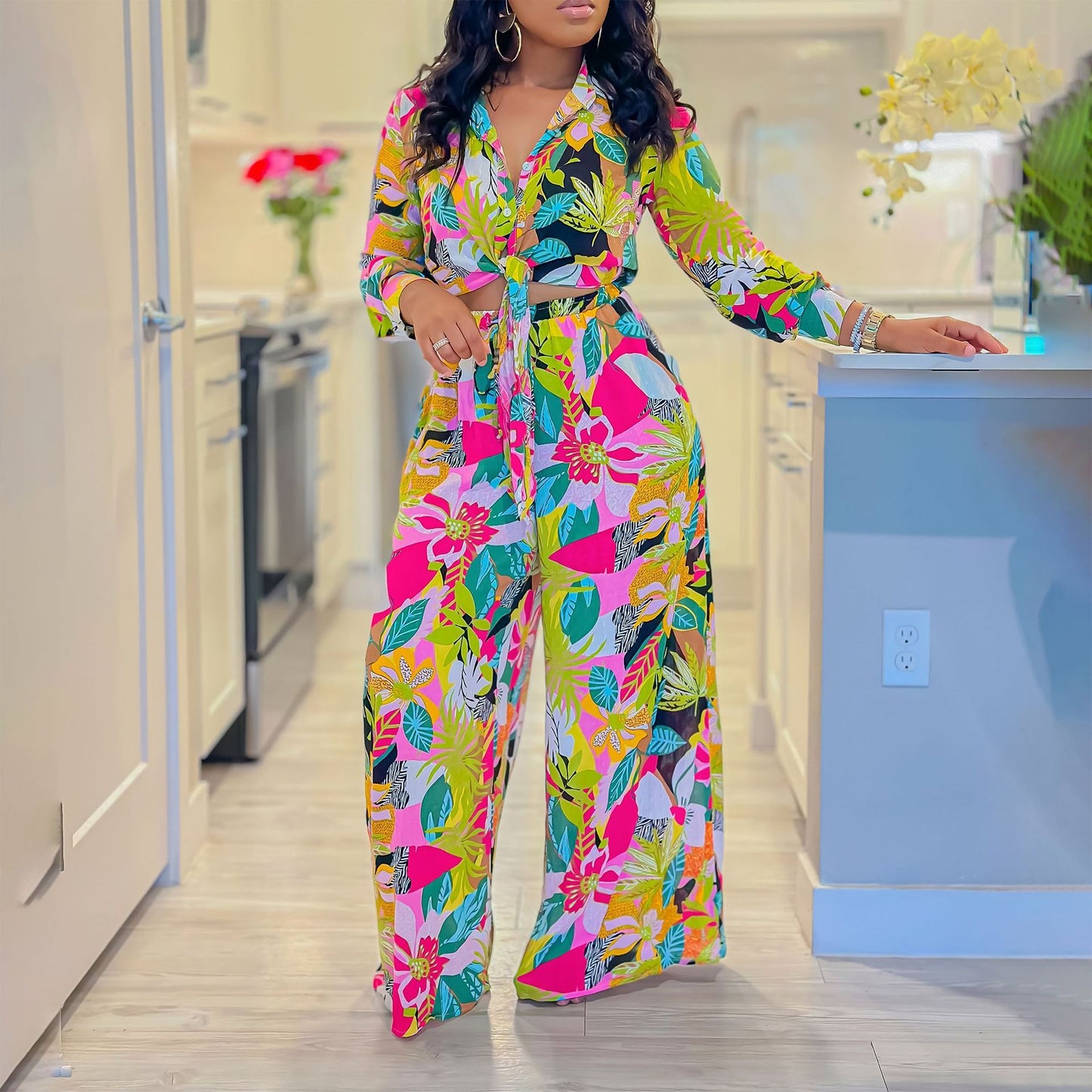 Lapel Lace-up Shirt @ Wide-leg Pants Set