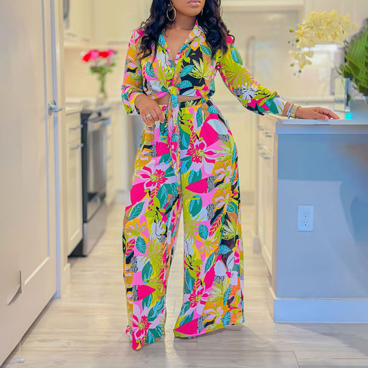 Lapel Lace-up Shirt @ Wide-leg Pants Set