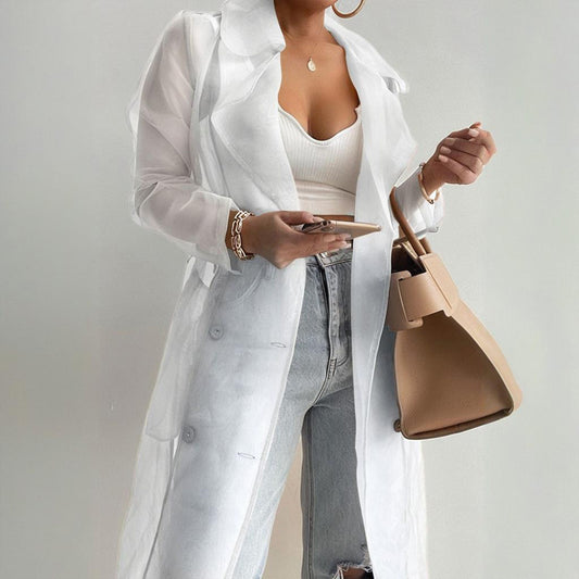 Sheer Long Sleeve Cardigan With Buttons & Belt