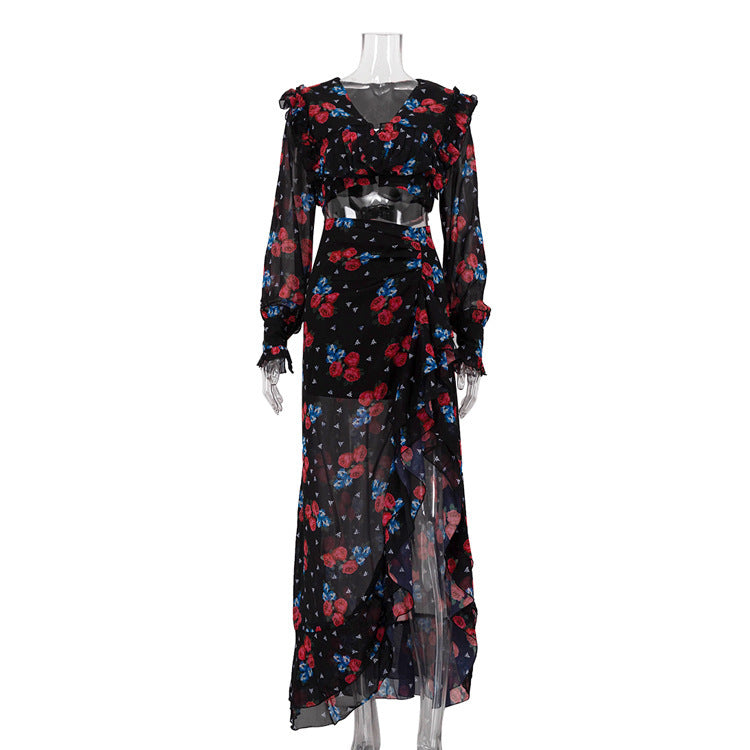Printed Ruffled Slit Sheath Skirt Two-Piece Set