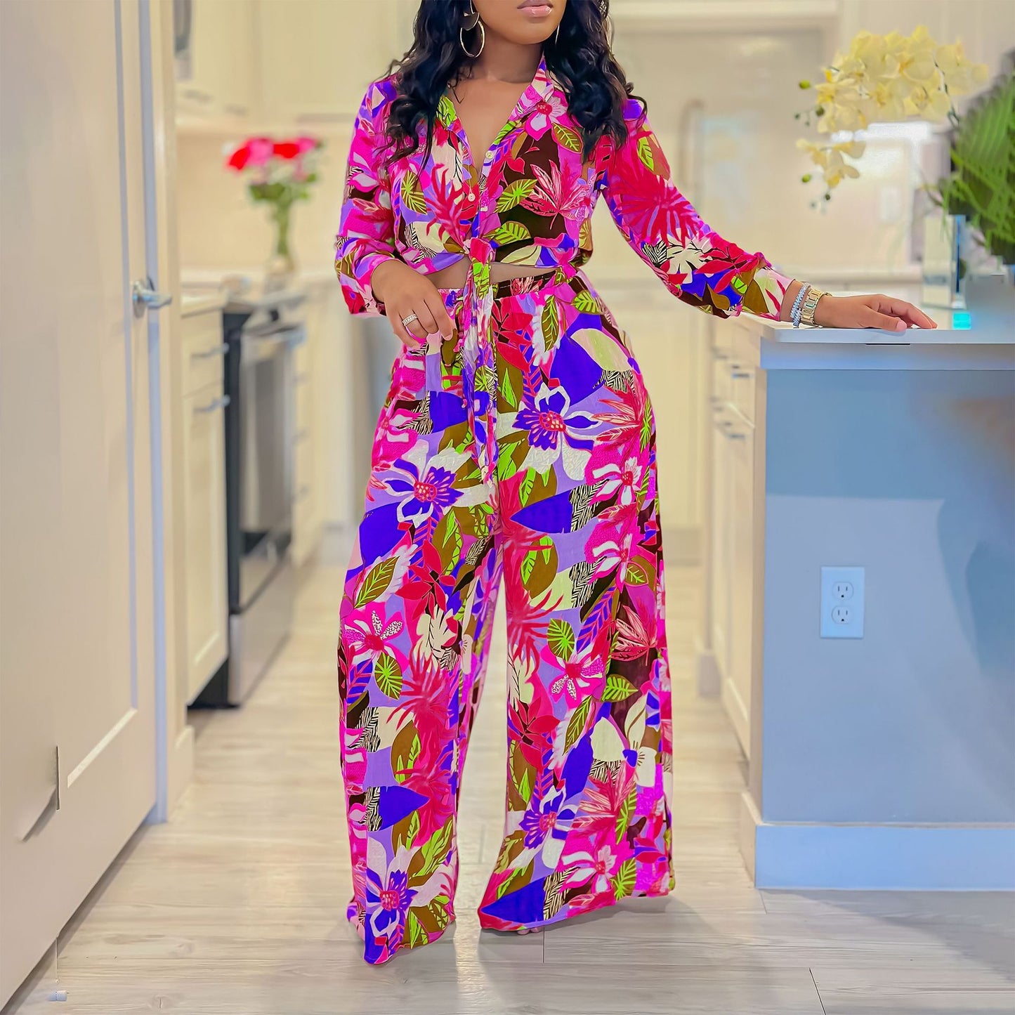 Lapel Lace-up Shirt @ Wide-leg Pants Set