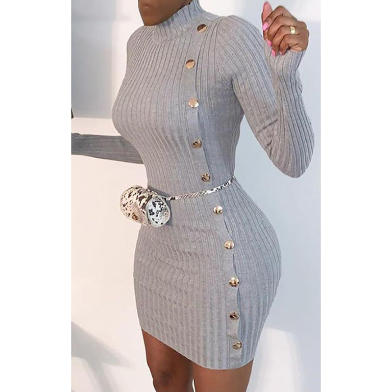 Solid Color Sexy Slim Single-Breasted Long-Sleeved Dress