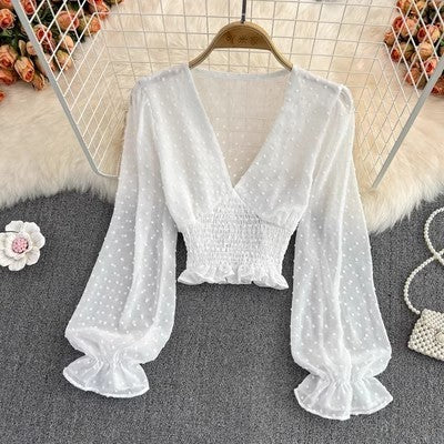 V-neck Cross Slim Fit Polka Dot Chiffon Waist-slimming Shirt