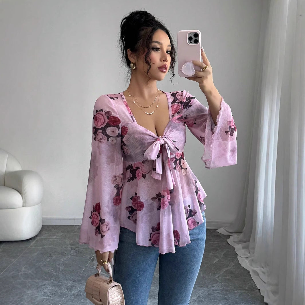 French Sense Flower Blooming Lace-up Long Sleeve Shirt