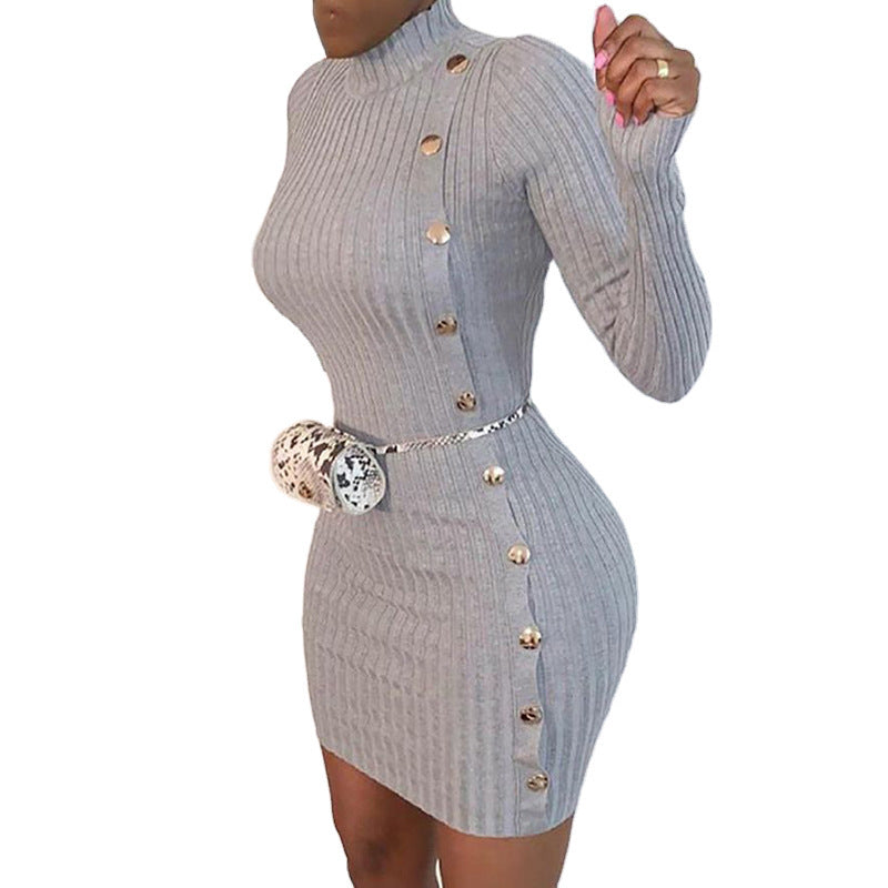 Solid Color Sexy Slim Single-Breasted Long-Sleeved Dress