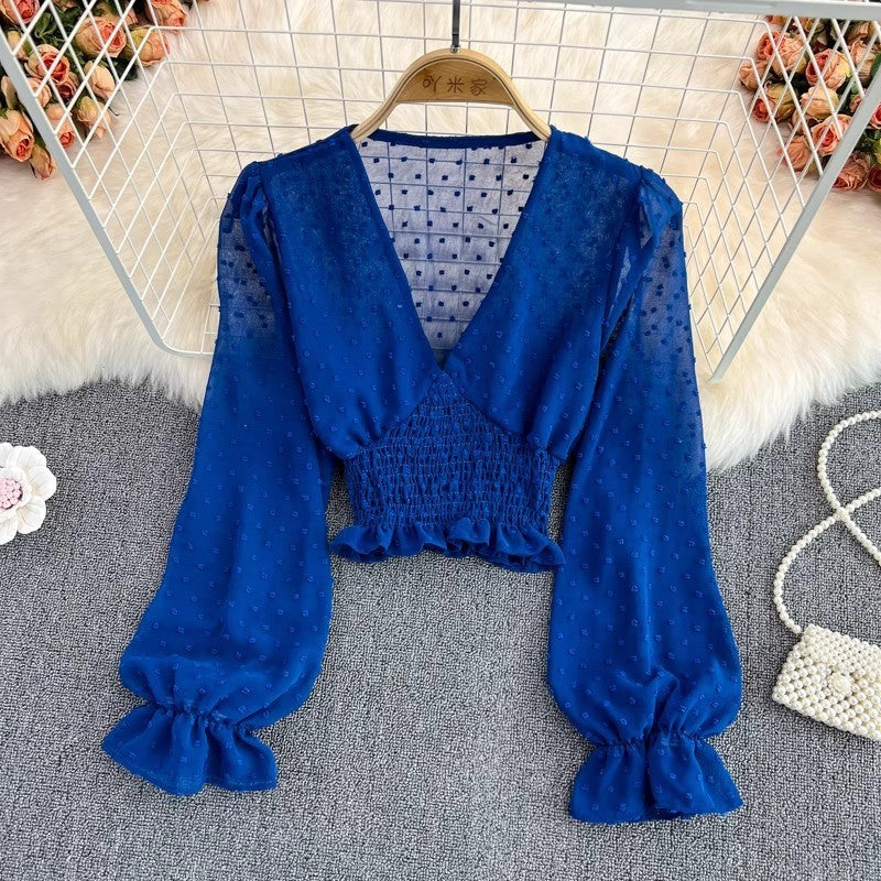 V-neck Cross Slim Fit Polka Dot Chiffon Waist-slimming Shirt