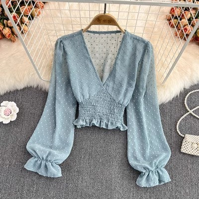 V-neck Cross Slim Fit Polka Dot Chiffon Waist-slimming Shirt