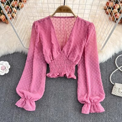 V-neck Cross Slim Fit Polka Dot Chiffon Waist-slimming Shirt