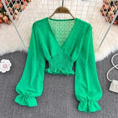 V-neck Cross Slim Fit Polka Dot Chiffon Waist-slimming Shirt