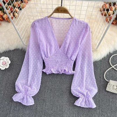 V-neck Cross Slim Fit Polka Dot Chiffon Waist-slimming Shirt