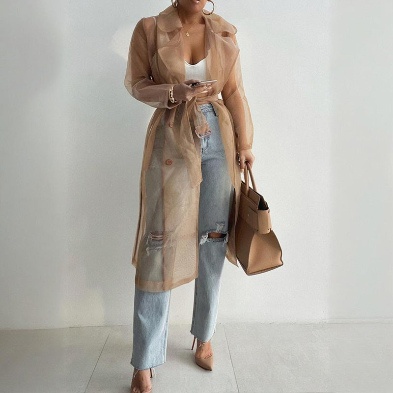 Sheer Long Sleeve Cardigan With Buttons & Belt