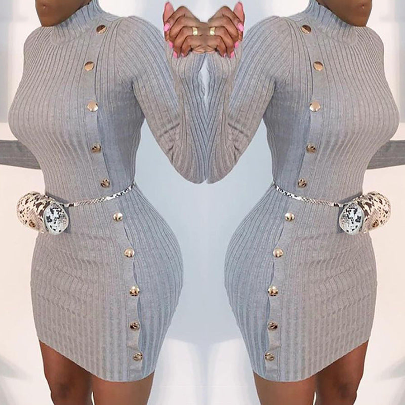 Solid Color Sexy Slim Single-Breasted Long-Sleeved Dress