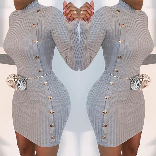 Solid Color Sexy Slim Single-Breasted Long-Sleeved Dress