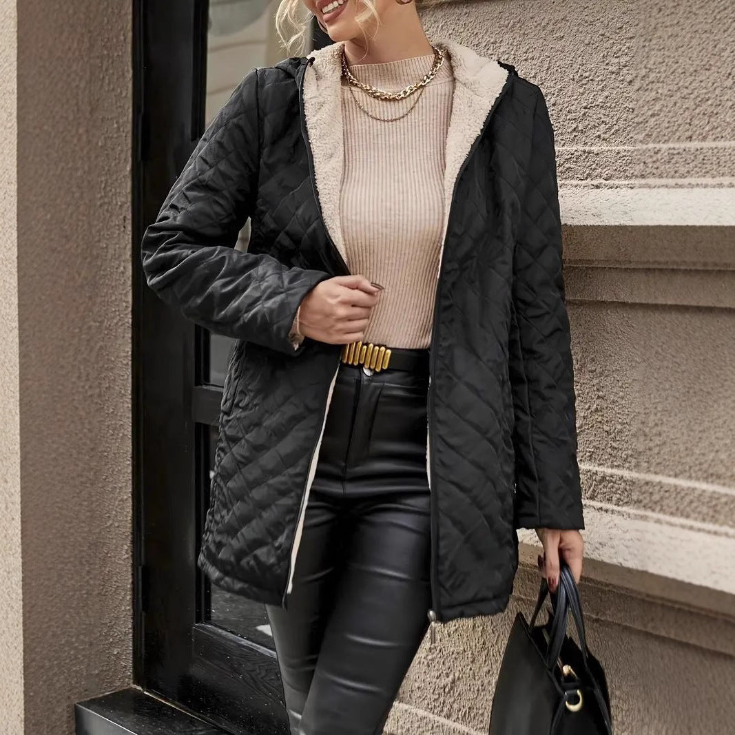 Mid-length Black Plaid Hooded  Jacket