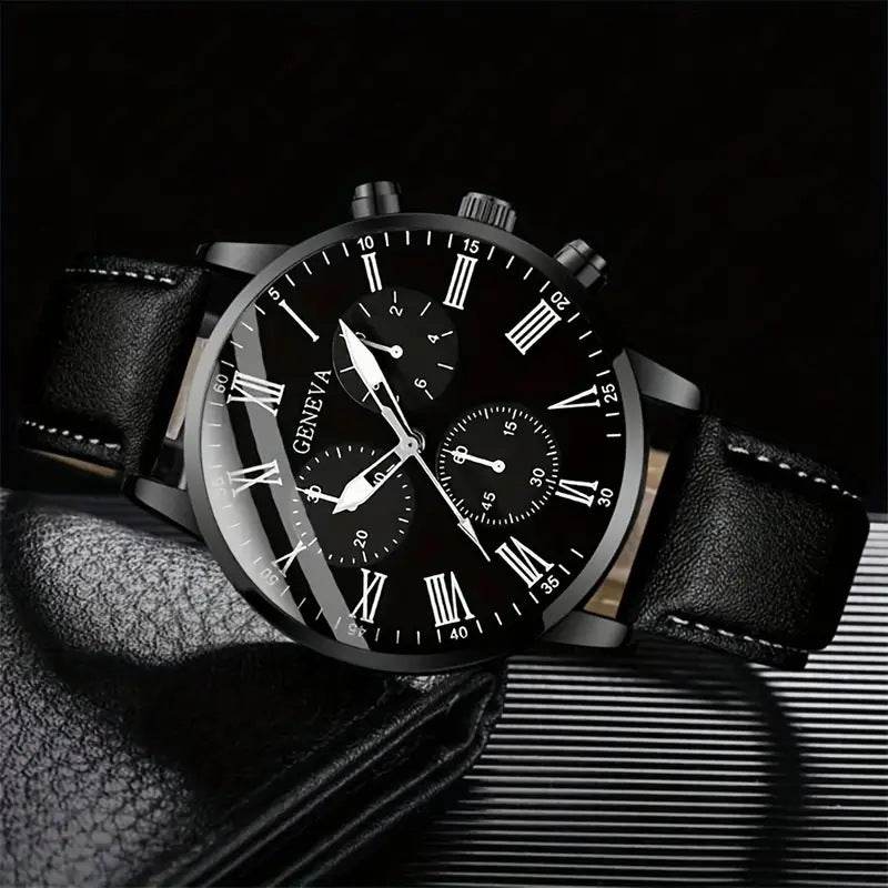 Men's Royal Legacy Black Leather Watch & Bracelet Set - Subtle Shine Jewelry Co.