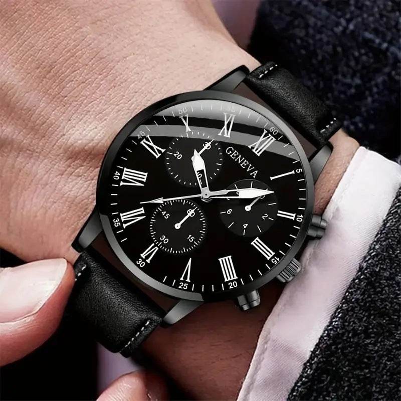 Men's Royal Legacy Black Leather Watch & Bracelet Set - Subtle Shine Jewelry Co.