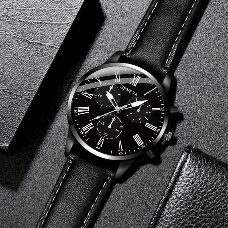 Men's Royal Legacy Black Leather Watch & Bracelet Set - Subtle Shine Jewelry Co.