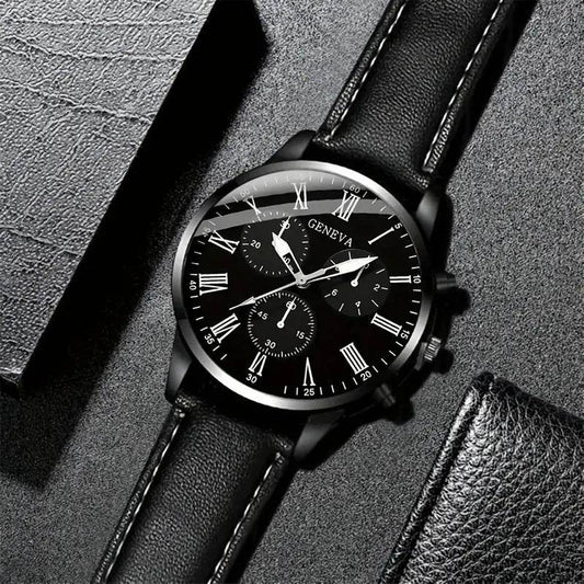 Men's Royal Legacy Black Leather Watch & Bracelet Set - Subtle Shine Jewelry Co.
