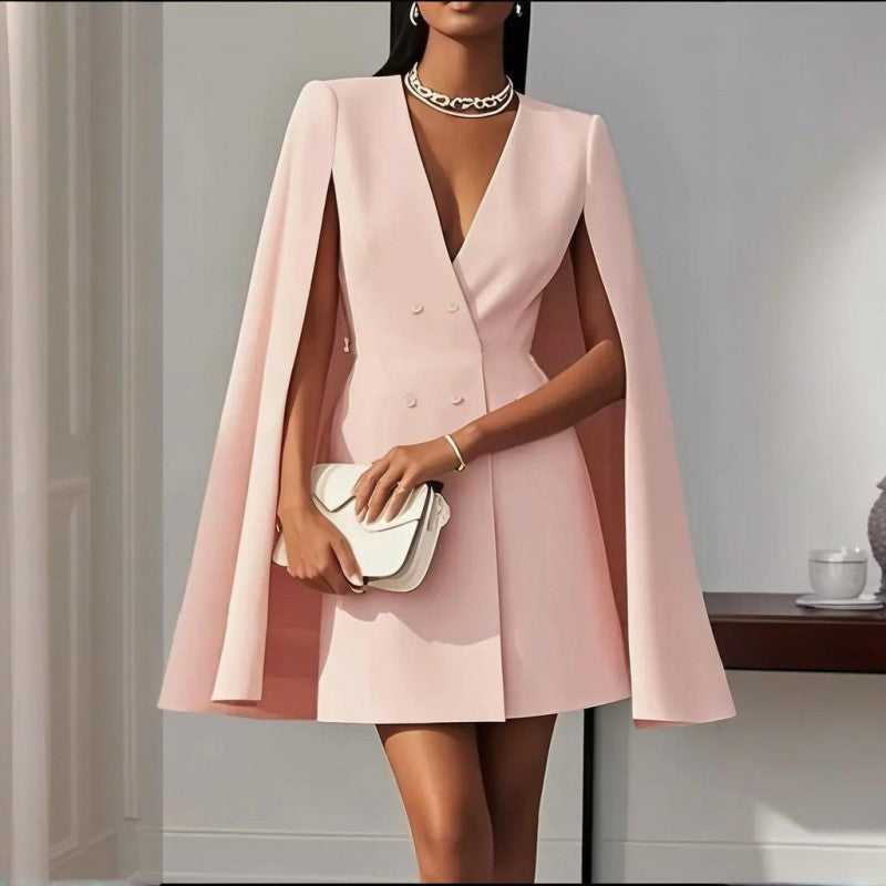 Elegant  V-Neck Double-Breasted Cape Blazer Dress