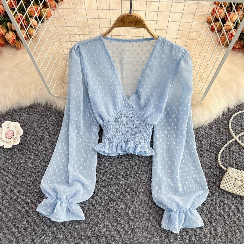 V-neck Cross Slim Fit Polka Dot Chiffon Waist-slimming Shirt