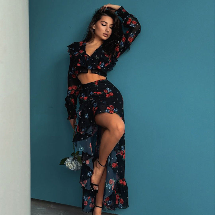 Printed Ruffled Slit Sheath Skirt Two-Piece Set