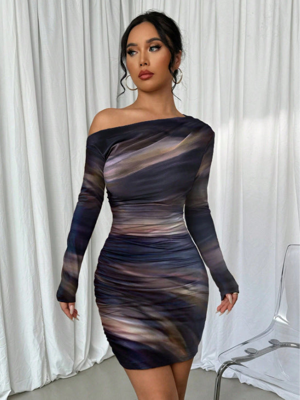 Midnight Curve Diagonal Collar Dress
