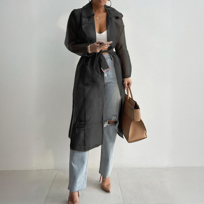 Sheer Long Sleeve Cardigan With Buttons & Belt